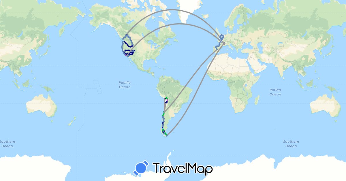 TravelMap itinerary: driving, bus, plane, cycling, train, hiking, boat in Argentina, Bolivia, Canada, Chile, Spain, France, United States (Europe, North America, South America)